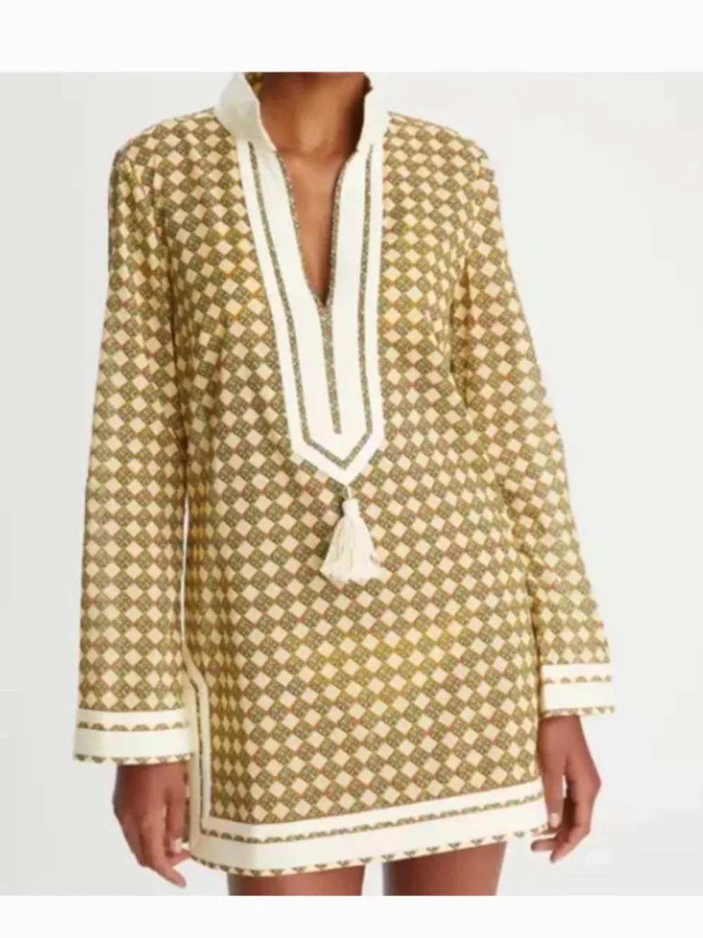 Tory Burch Printed Tory Tassel Tunic French Cream Basketweave Dress S NWT